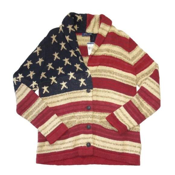 NWT Polo Ralph Lauren Women's Oversize American Flag Cotton Linen Cardigan L - Picture 1 of 8